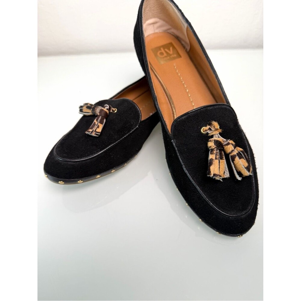 DV by Dolce Vita Black Suede Leopard Tassel Loafers Studded Flats 9.5